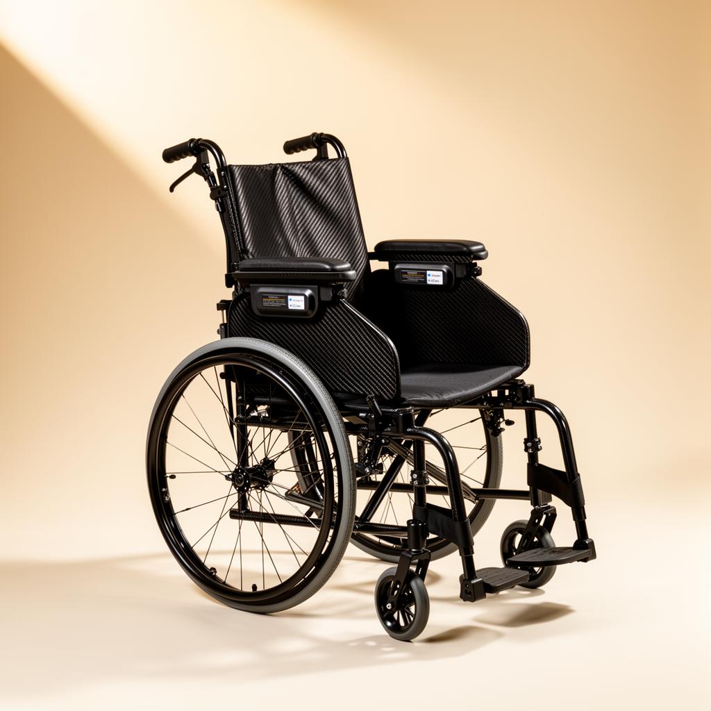 Carbon fiber folding electric wheelchair on warm studio backdrop